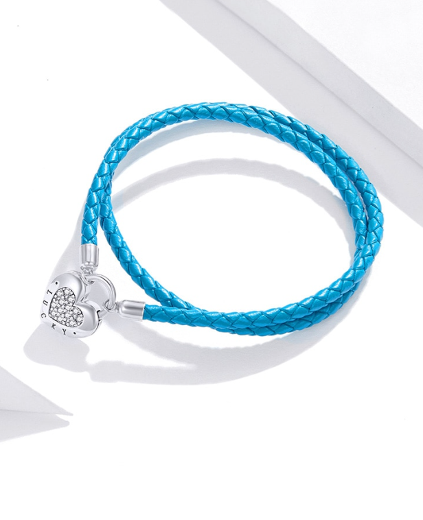Blue Leather Heart Lock Bracelet